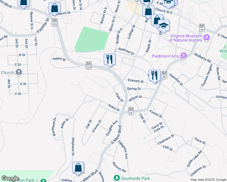 map of restaurants, bars, coffee shops, grocery stores, and more near 117 Park Street in Martinsville