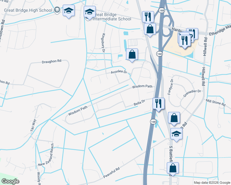 map of restaurants, bars, coffee shops, grocery stores, and more near 204 Wisdom Path in Chesapeake