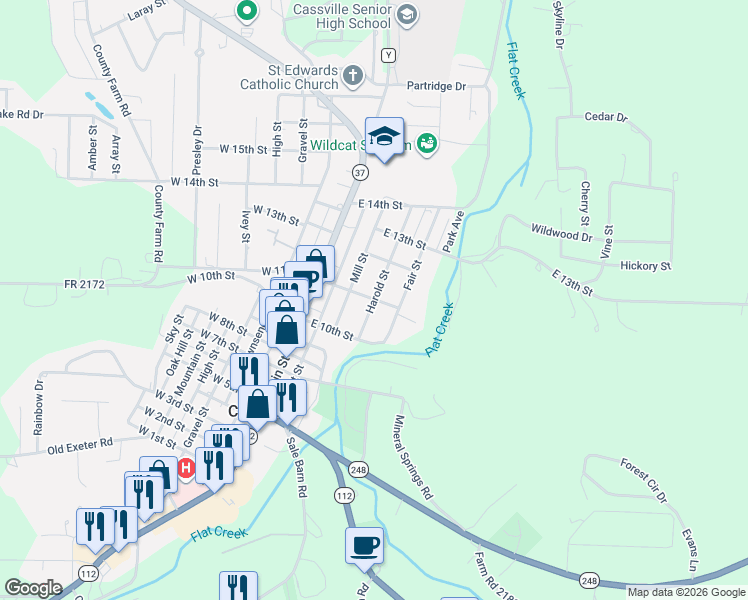 map of restaurants, bars, coffee shops, grocery stores, and more near 408 East 11th Street in Cassville