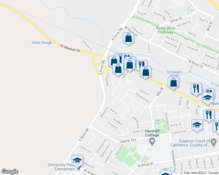 map of restaurants, bars, coffee shops, grocery stores, and more near 769 Nacional Court in Salinas