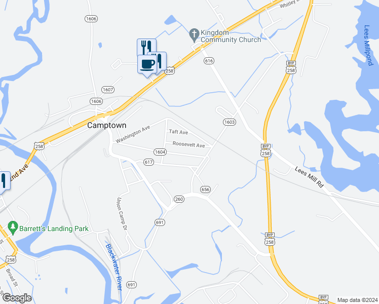 map of restaurants, bars, coffee shops, grocery stores, and more near 319 Pocahontas Avenue in Franklin