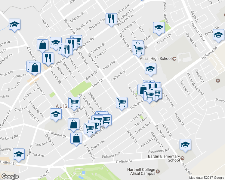 map of restaurants, bars, coffee shops, grocery stores, and more near 1304 Garner Avenue in Salinas