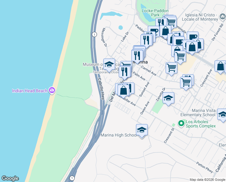 map of restaurants, bars, coffee shops, grocery stores, and more near Monterey Peninsula Recreational Trail in Marina
