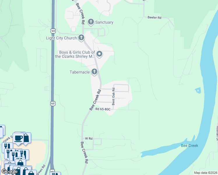 map of restaurants, bars, coffee shops, grocery stores, and more near 175 Deerfield Lane in Branson