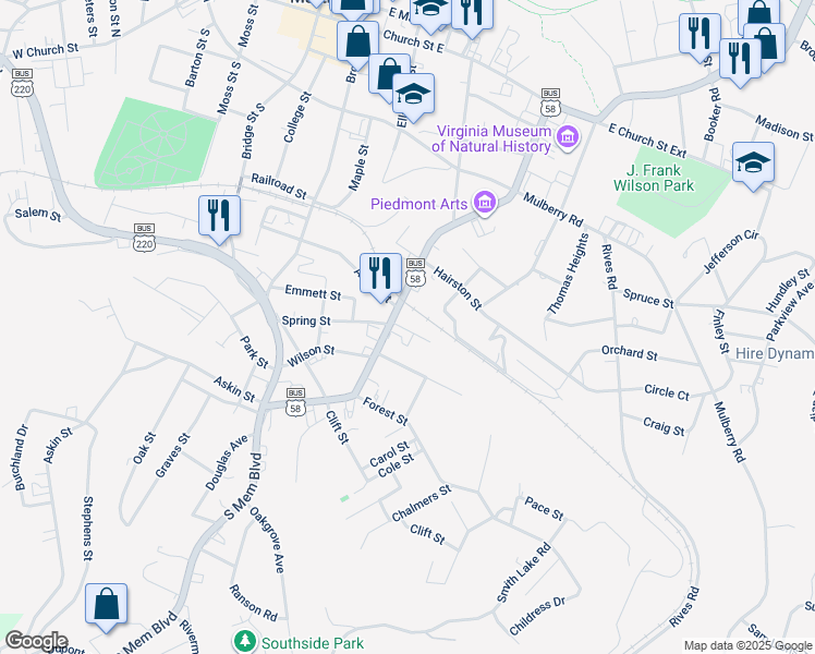 map of restaurants, bars, coffee shops, grocery stores, and more near 305-399 Granville Street in Martinsville