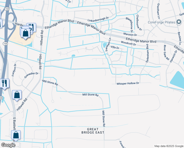 map of restaurants, bars, coffee shops, grocery stores, and more near 561 Forest Road in Chesapeake