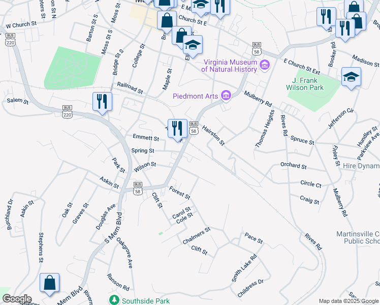 map of restaurants, bars, coffee shops, grocery stores, and more near 305 Granville Street in Martinsville