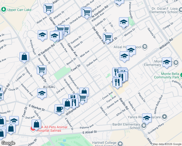 map of restaurants, bars, coffee shops, grocery stores, and more near 1317 Garner Avenue in Salinas