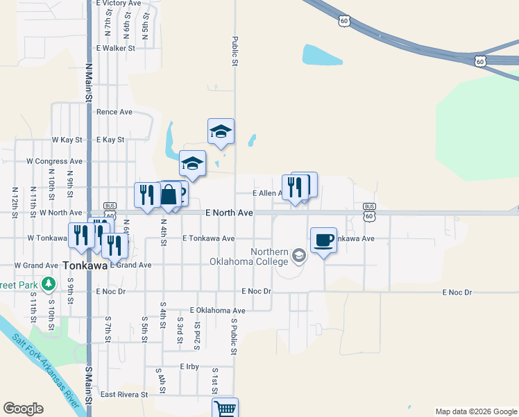 map of restaurants, bars, coffee shops, grocery stores, and more near 1004 East North Avenue in Tonkawa