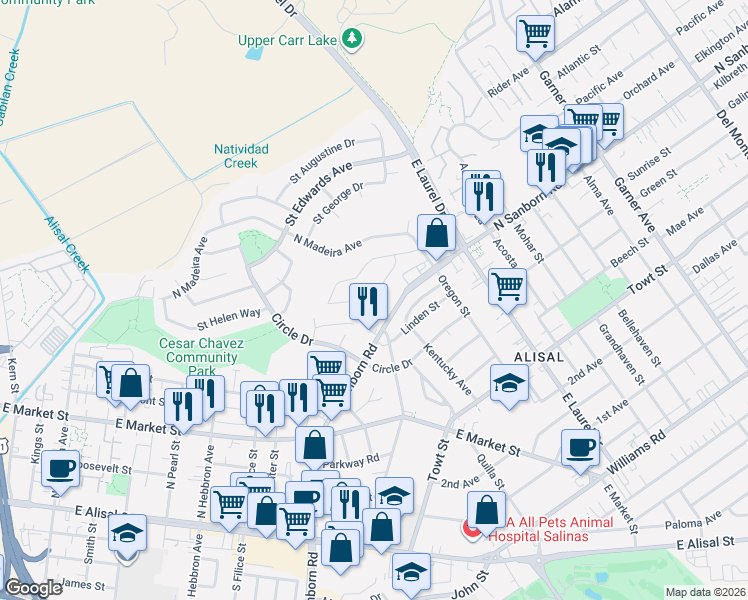 map of restaurants, bars, coffee shops, grocery stores, and more near 1243 Summit Drive in Salinas