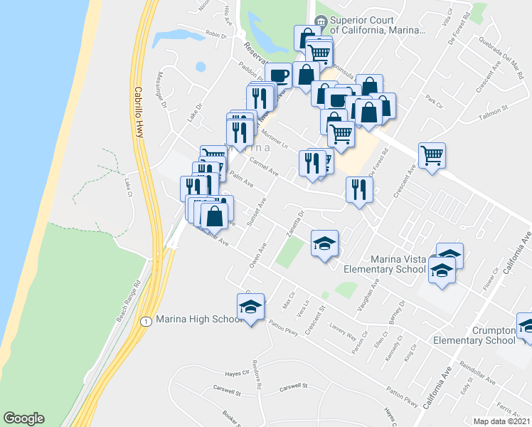 map of restaurants, bars, coffee shops, grocery stores, and more near 3060 Sunset Avenue in Marina