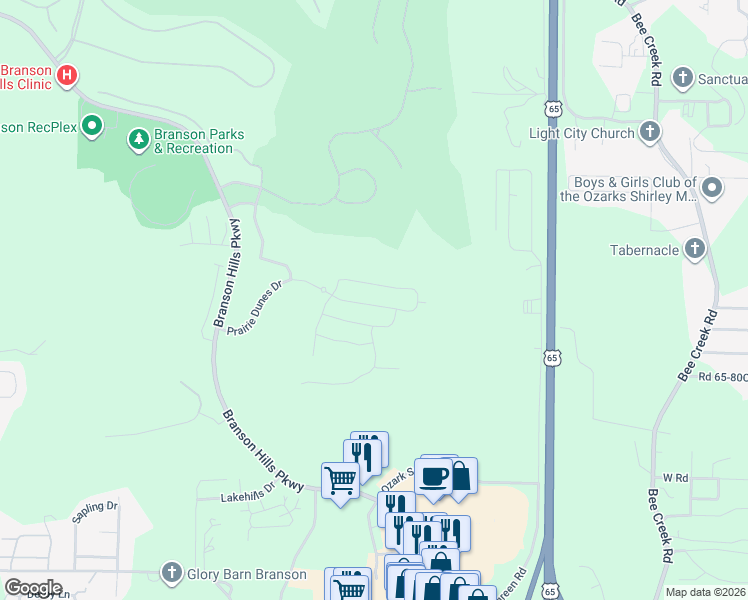 map of restaurants, bars, coffee shops, grocery stores, and more near 138 Siena Boulevard in Branson