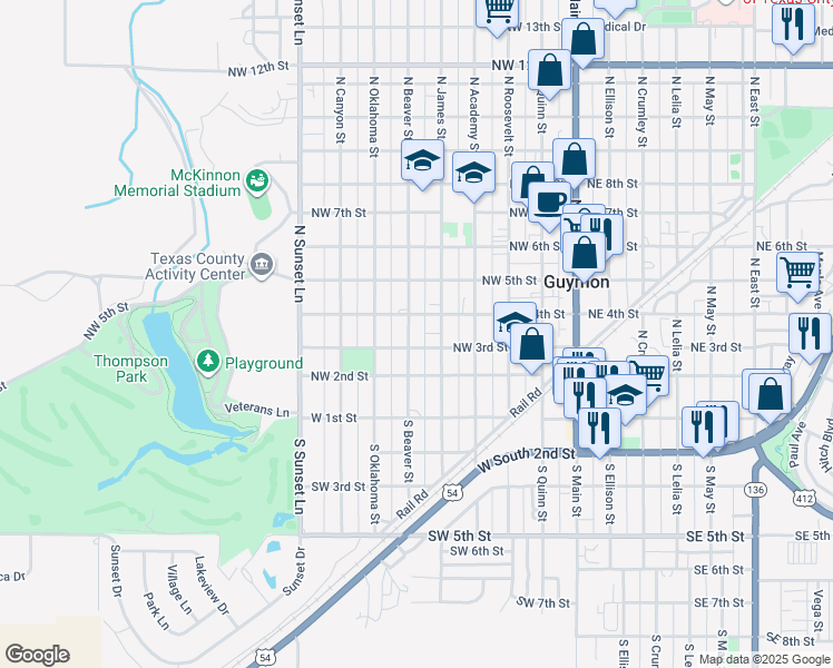 map of restaurants, bars, coffee shops, grocery stores, and more near 302 North James Street in Guymon