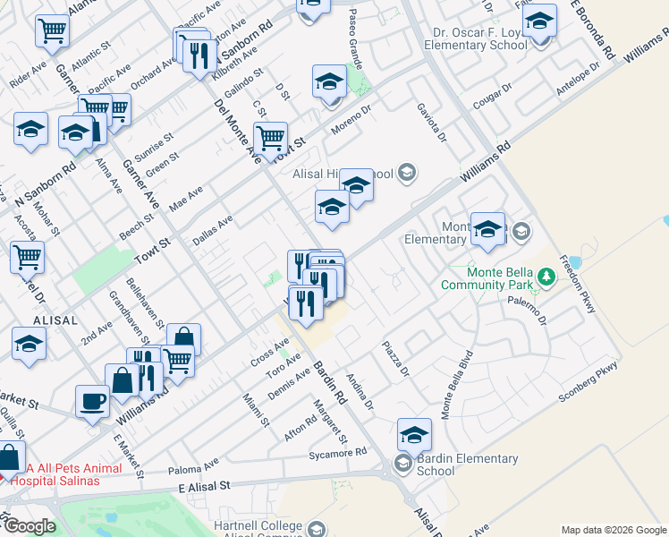 map of restaurants, bars, coffee shops, grocery stores, and more near Williams Road & Del Monte Avenue in Salinas