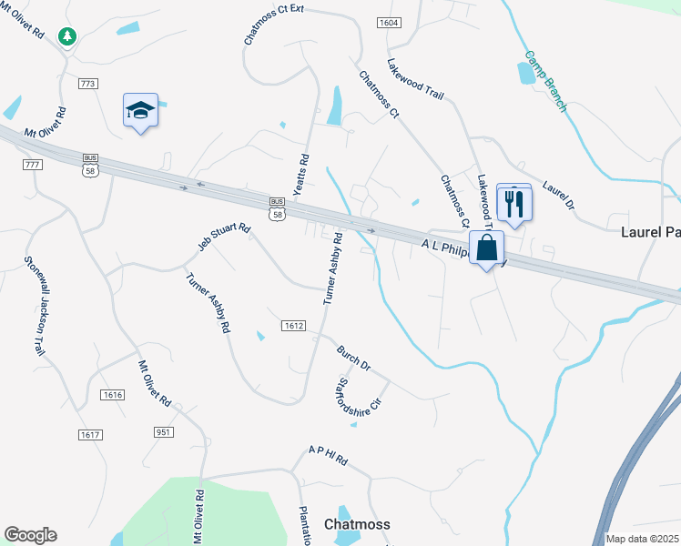 map of restaurants, bars, coffee shops, grocery stores, and more near 101 Turner Ashby Road in Martinsville