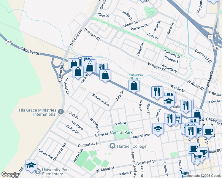 map of restaurants, bars, coffee shops, grocery stores, and more near 387 W Market St in Salinas