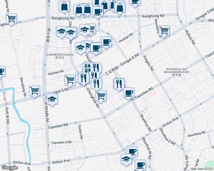 map of restaurants, bars, coffee shops, grocery stores, and more near Gong Ye Nan Lu in Ji Nan Shi