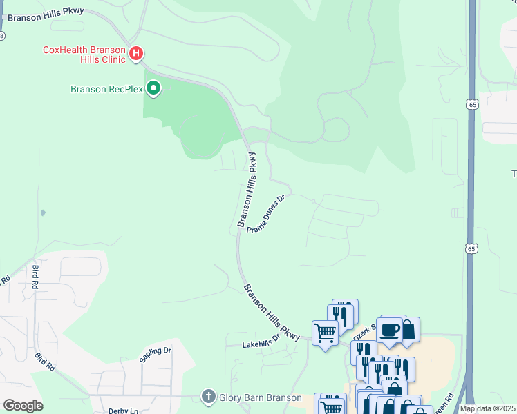 map of restaurants, bars, coffee shops, grocery stores, and more near 201 Prairie Dunes Drive in Branson