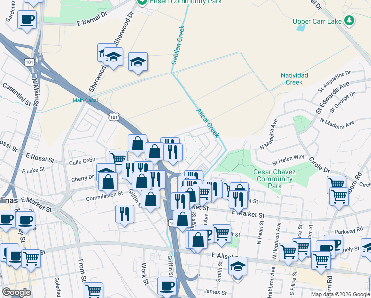 map of restaurants, bars, coffee shops, grocery stores, and more near 190 Kern Street in Salinas