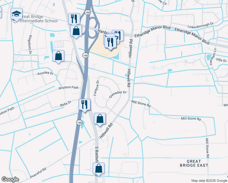 map of restaurants, bars, coffee shops, grocery stores, and more near 1200 Wormington Drive in Chesapeake