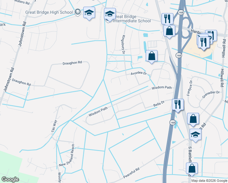 map of restaurants, bars, coffee shops, grocery stores, and more near 172 Greengable Way in Chesapeake