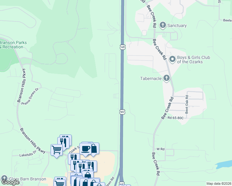 map of restaurants, bars, coffee shops, grocery stores, and more near 195 Cannon Ball Loop in Branson