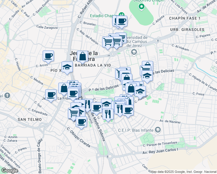 map of restaurants, bars, coffee shops, grocery stores, and more near 17 Paseo de las Delicias in Jerez de la Frontera