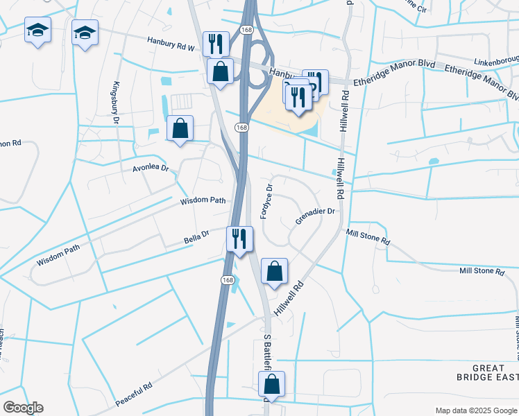 map of restaurants, bars, coffee shops, grocery stores, and more near 1308 Fordyce Drive in Chesapeake