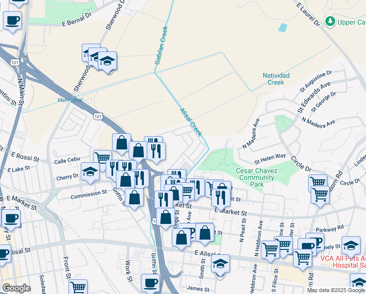 map of restaurants, bars, coffee shops, grocery stores, and more near 150 Kern Street in Salinas