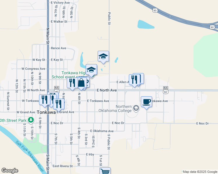 map of restaurants, bars, coffee shops, grocery stores, and more near 501 North Public Street in Tonkawa