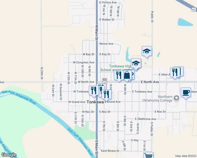 map of restaurants, bars, coffee shops, grocery stores, and more near 302 North Main Street in Tonkawa