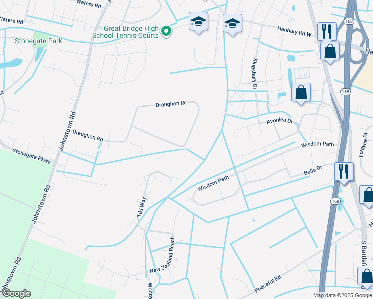 map of restaurants, bars, coffee shops, grocery stores, and more near 616 Draughon Road in Chesapeake