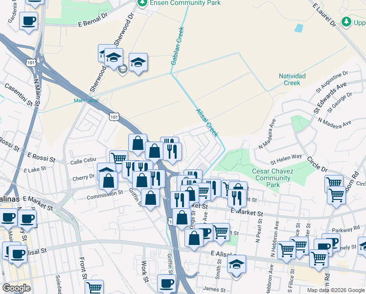 map of restaurants, bars, coffee shops, grocery stores, and more near 190 Kern Street in Salinas