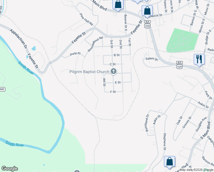 map of restaurants, bars, coffee shops, grocery stores, and more near 710 4th Street in Martinsville