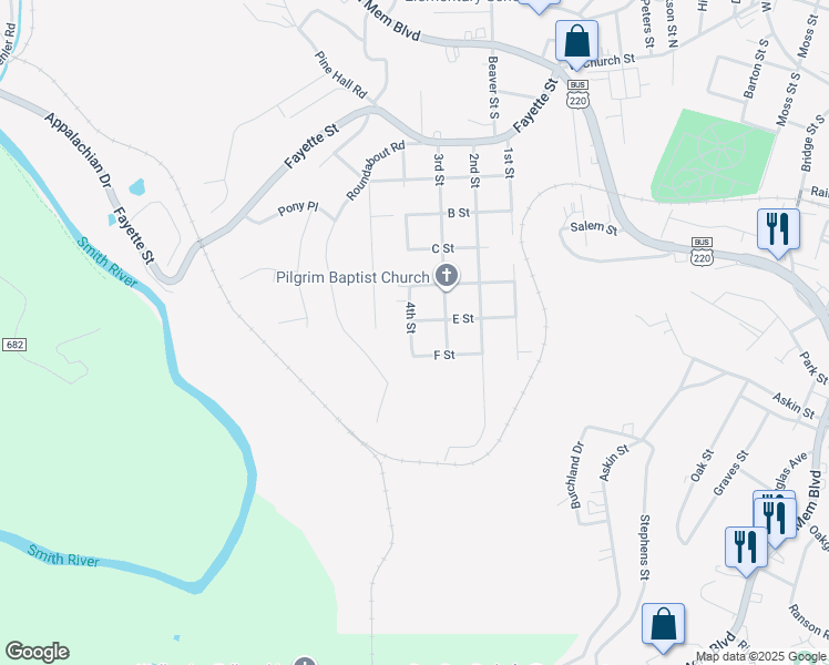 map of restaurants, bars, coffee shops, grocery stores, and more near 710 4th Street in Martinsville