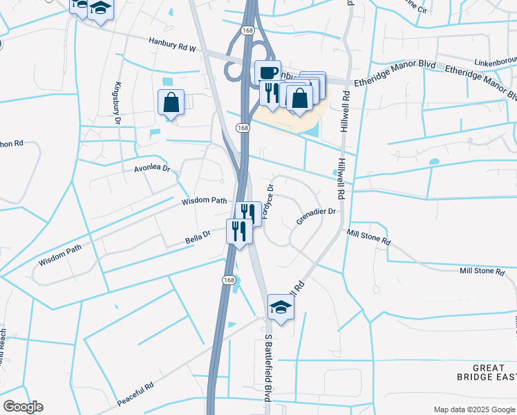 map of restaurants, bars, coffee shops, grocery stores, and more near 1308 Fordyce Drive in Chesapeake