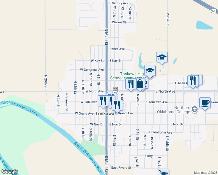 map of restaurants, bars, coffee shops, grocery stores, and more near 302 North Main Street in Tonkawa