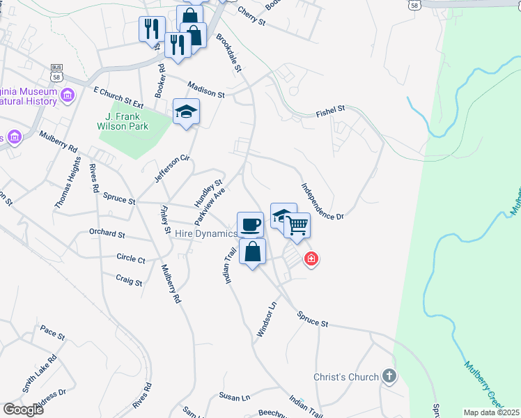 map of restaurants, bars, coffee shops, grocery stores, and more near 1101 Brookdale Street in Martinsville