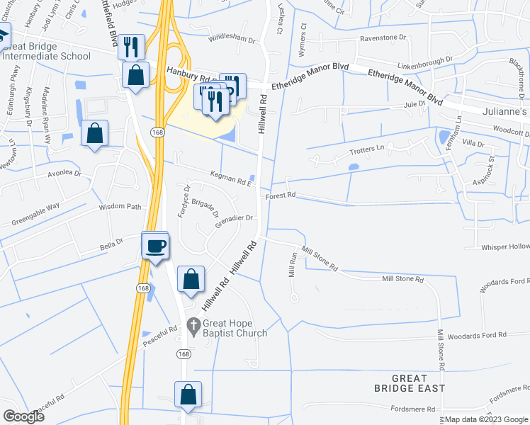 map of restaurants, bars, coffee shops, grocery stores, and more near 1167 Hillwell Road in Chesapeake