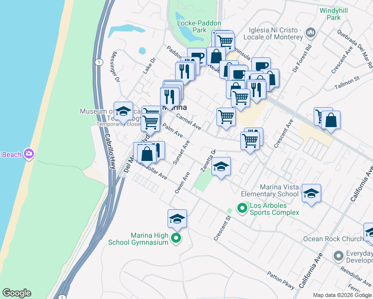 map of restaurants, bars, coffee shops, grocery stores, and more near 3060 Sunset Avenue in Marina