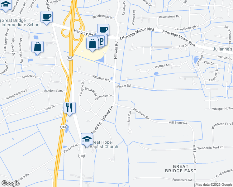 map of restaurants, bars, coffee shops, grocery stores, and more near 1167 Hillwell Road in Chesapeake