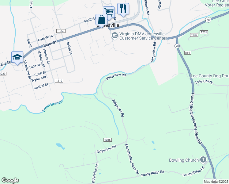 map of restaurants, bars, coffee shops, grocery stores, and more near 153 Lynx Drive in Jonesville