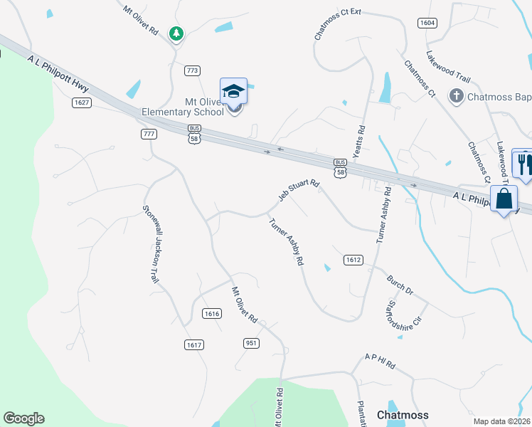 map of restaurants, bars, coffee shops, grocery stores, and more near 213 Jeb Stuart Road in Martinsville