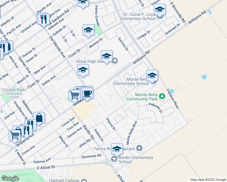 map of restaurants, bars, coffee shops, grocery stores, and more near 1562 Verona Court in Salinas