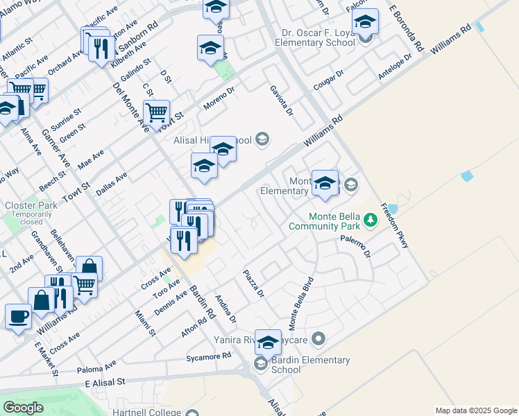 map of restaurants, bars, coffee shops, grocery stores, and more near 1562 Verona Court in Salinas