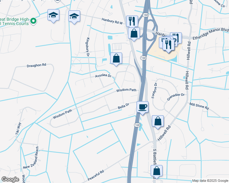 map of restaurants, bars, coffee shops, grocery stores, and more near 120 Wisdom Path in Chesapeake