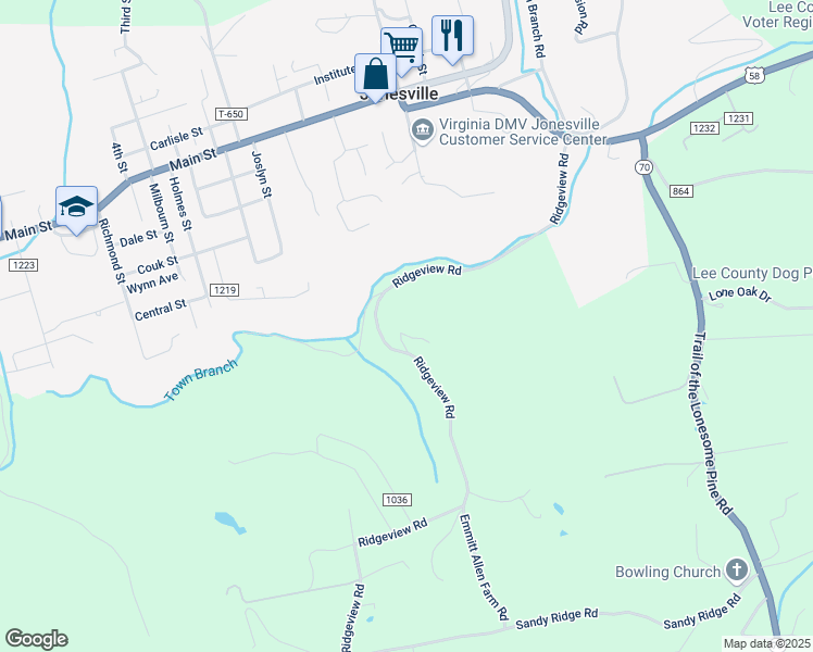 map of restaurants, bars, coffee shops, grocery stores, and more near 153 Lynx Drive in Jonesville