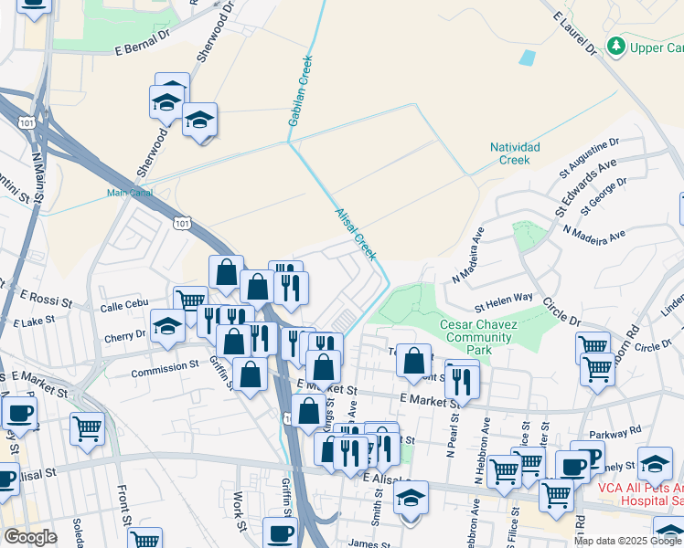 map of restaurants, bars, coffee shops, grocery stores, and more near 150 Kern Street in Salinas
