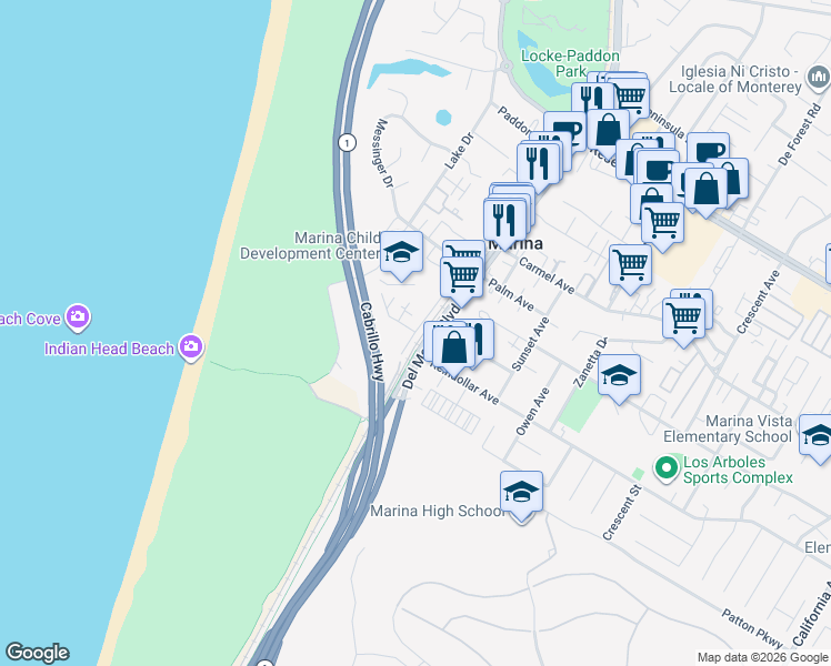 map of restaurants, bars, coffee shops, grocery stores, and more near 3039 Marina Drive in Marina