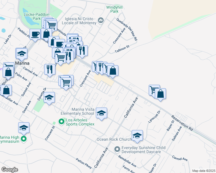 map of restaurants, bars, coffee shops, grocery stores, and more near 366 Reservation Road in Marina